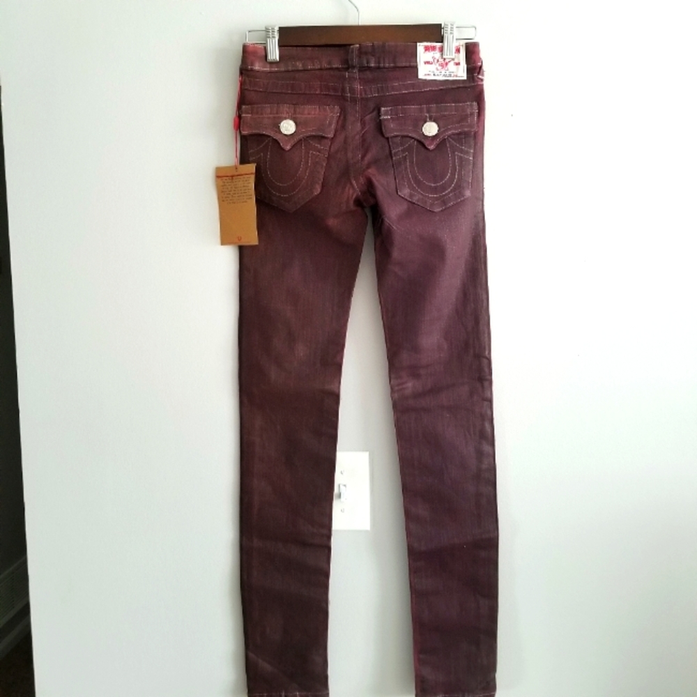 True Religion Shannon Coated Burgundy Skinny Jeans Size 26